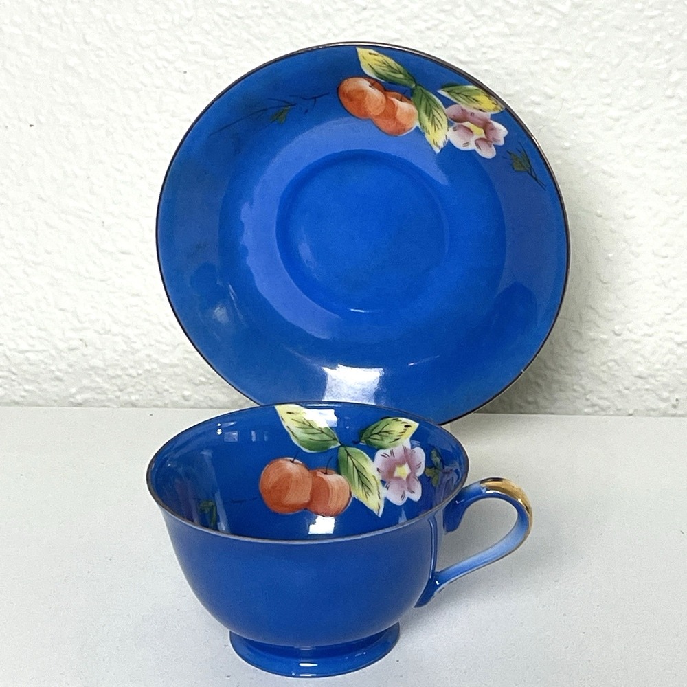 Vintage Occupied Japan Hand Painted Porcelain Teacup Saucer Set Blue Fruit Gold
